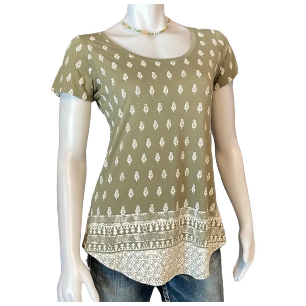 Lucky Brand  Green Off White Floral Boho Short Sleeve T-shirt Top S